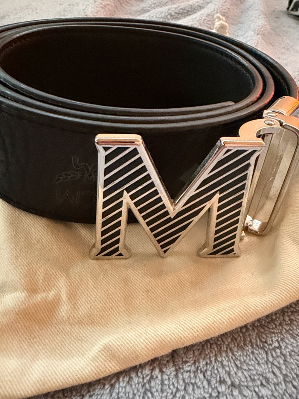 MCM - Black Leather Belt with Striped Silver M Buckle